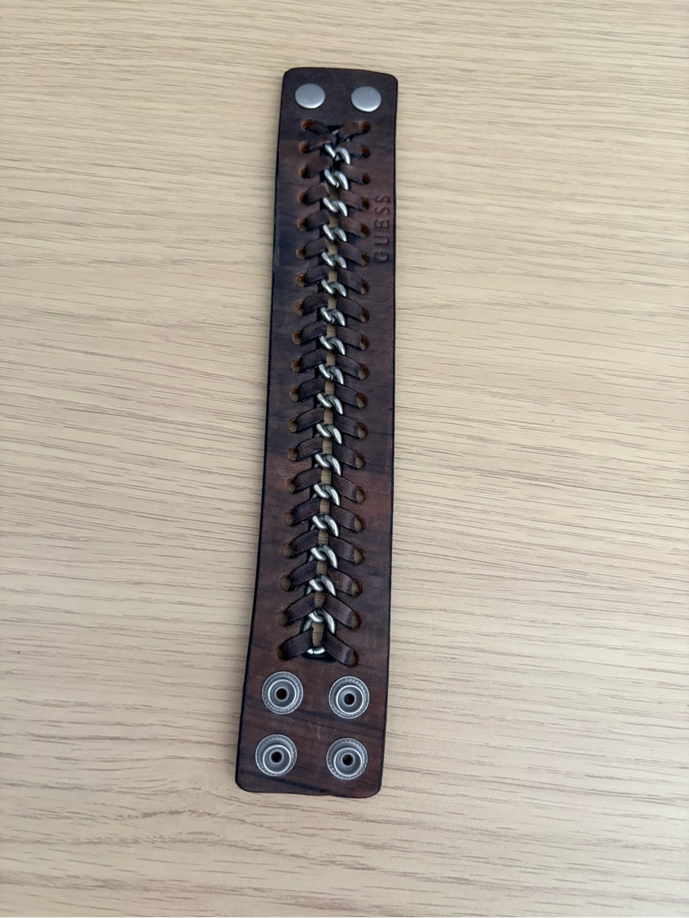 Guess Brown Leather Cuff with Silver Chain Lace